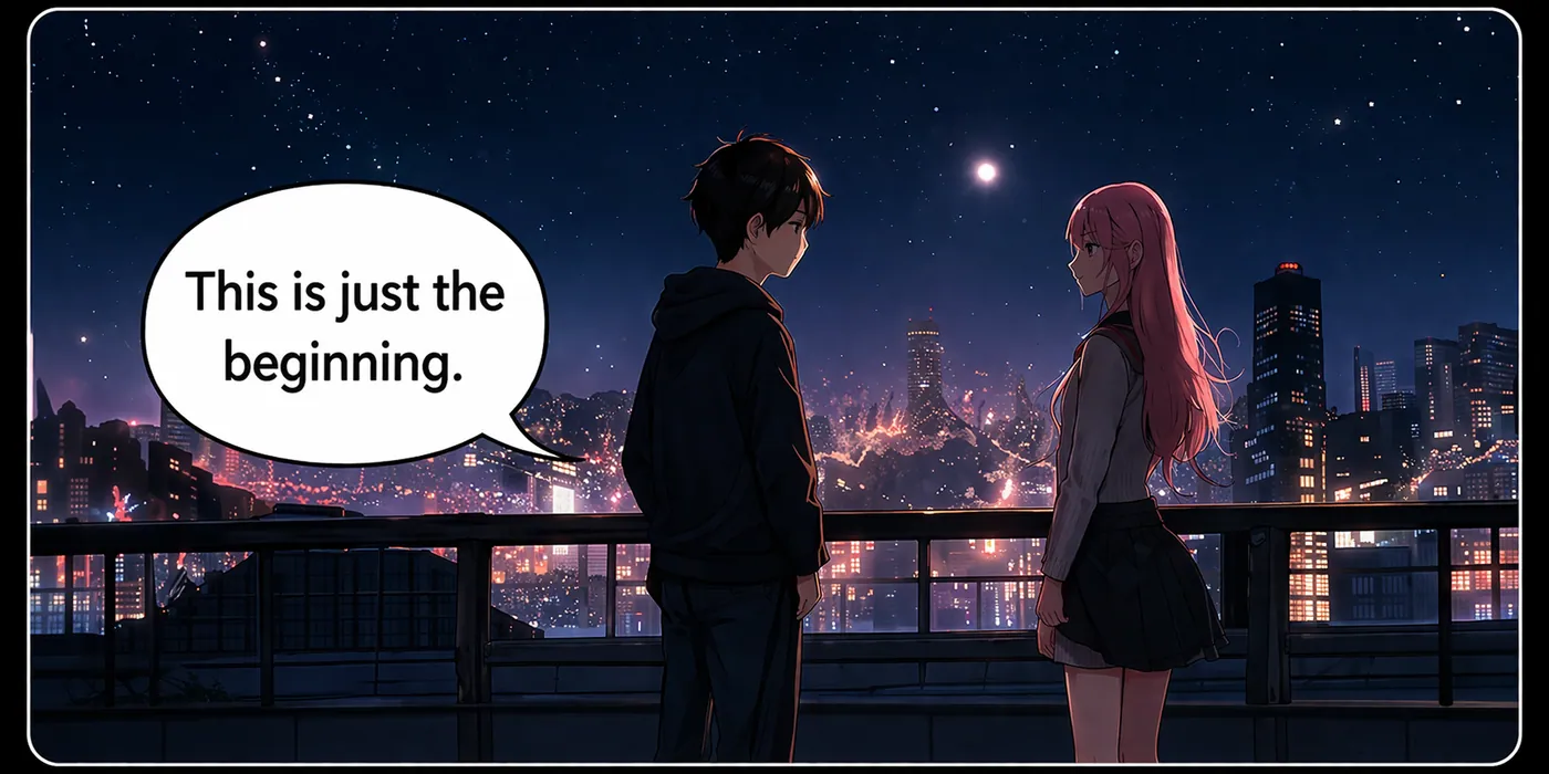 Webtoon panel with two characters overlooking city lights