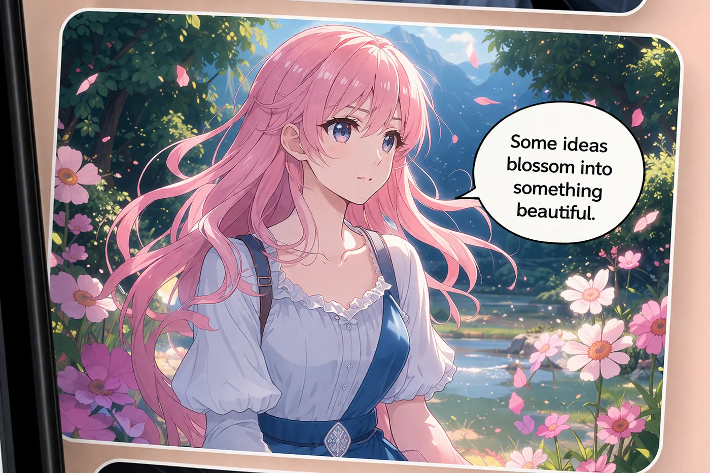Romance webtoon panel with pink-haired character in spring flowers